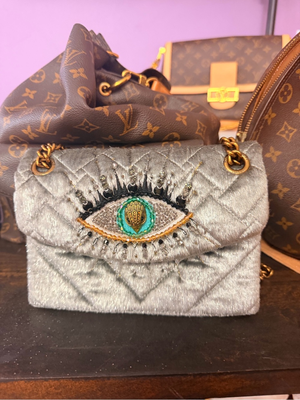 Kurt Geiger Silver Quilted Mini Crossbody with Embroidered Eye